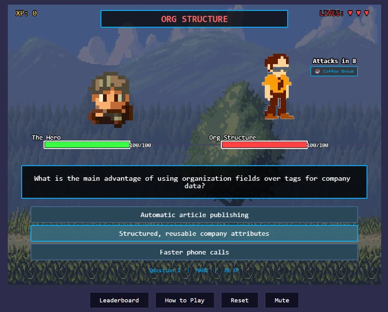Support Space RPG gameplay showing a trivia battle